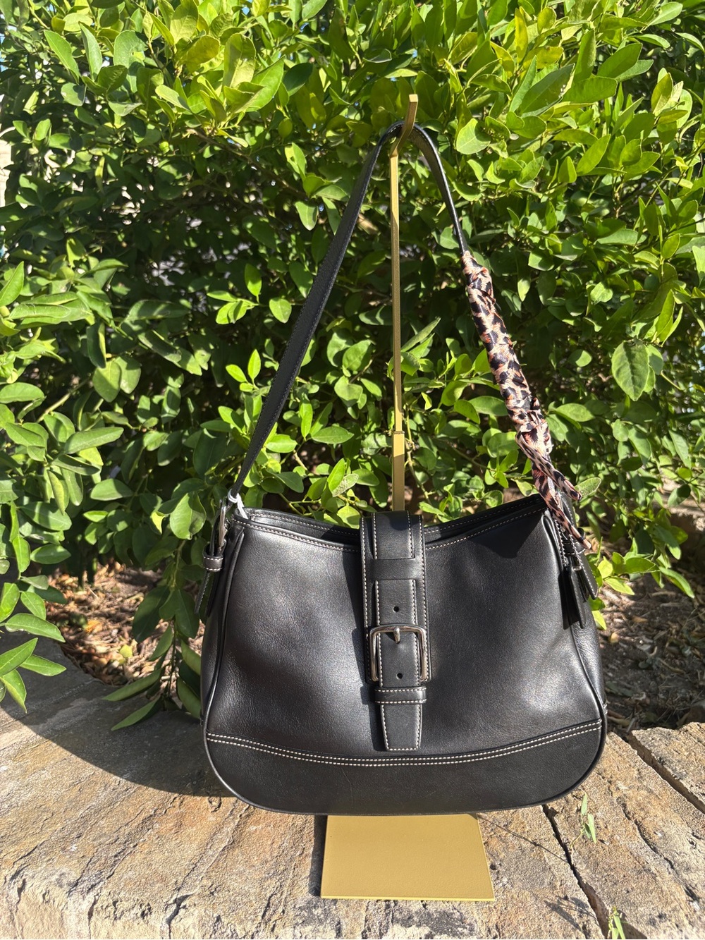 Vintage coach Classic Black Leather Shoulder Bag with Buckle Detail
